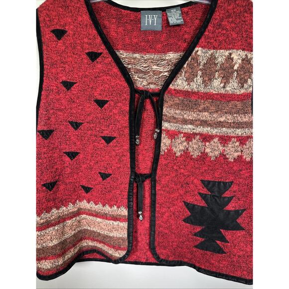 VTG Ivy Vest Womens M Southwestern Geometric Beaded Tastle Tie Front Red Country - Picture 4 of 8